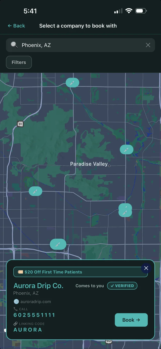 Patient map showing verified IV therapy providers in Phoenix