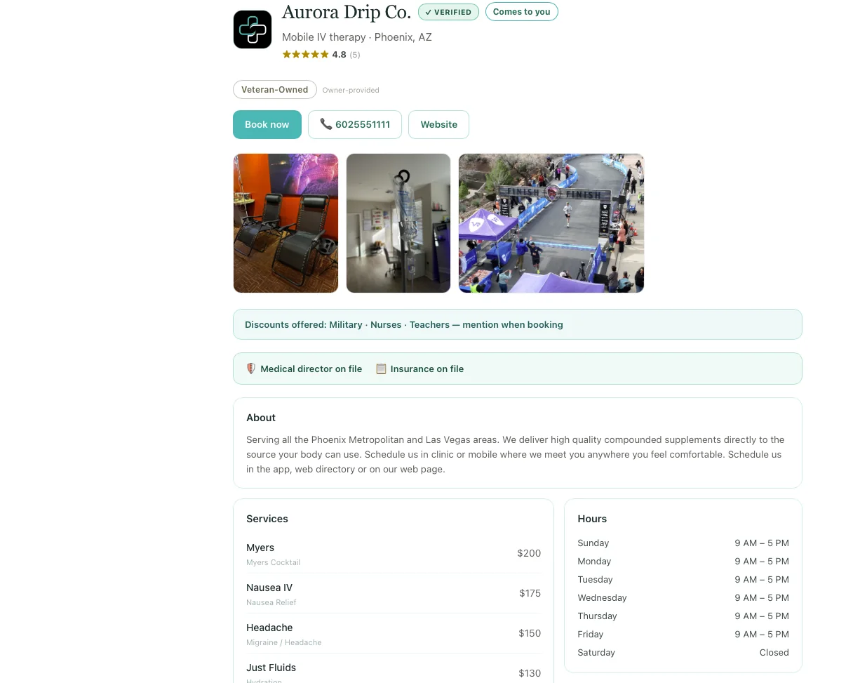 Company listing page with services, hours, badges, and Book Now