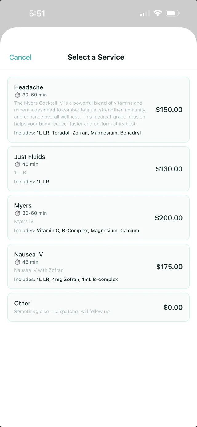 Patient selecting an IV service to book