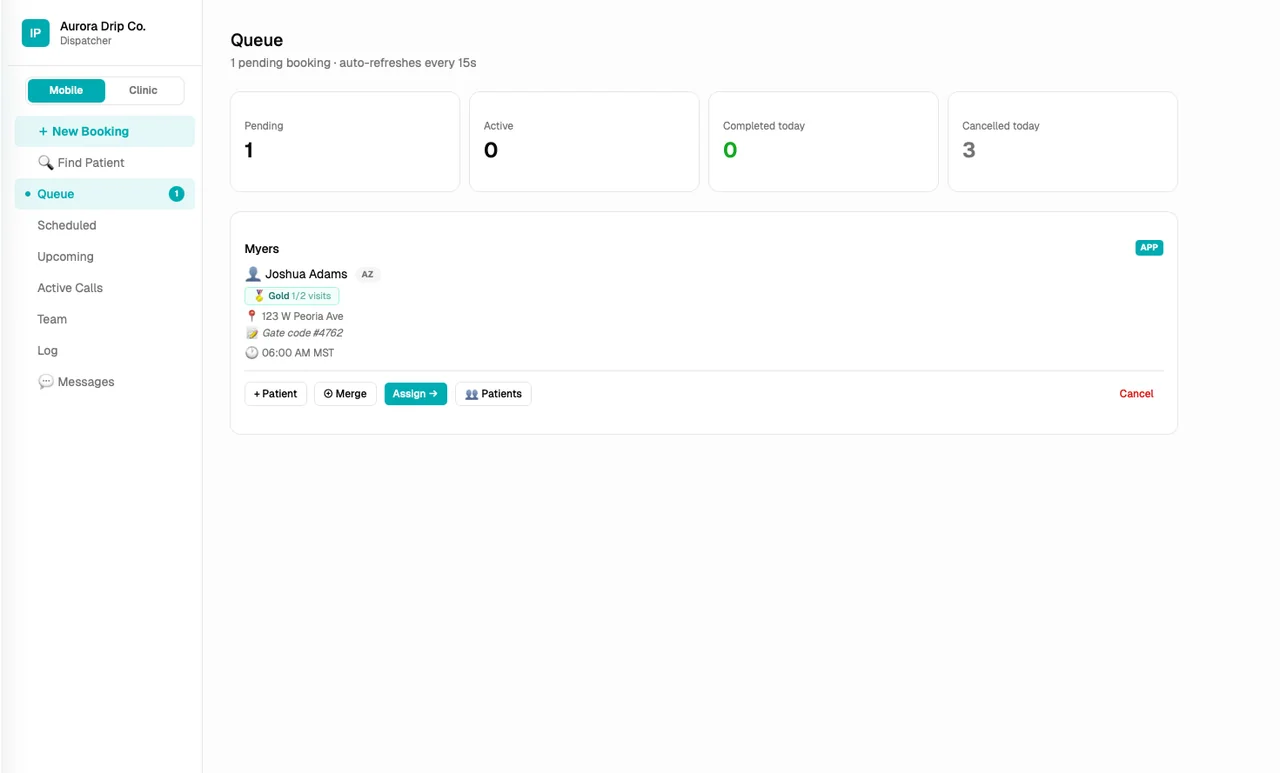 Dispatch queue with a new booking from the app