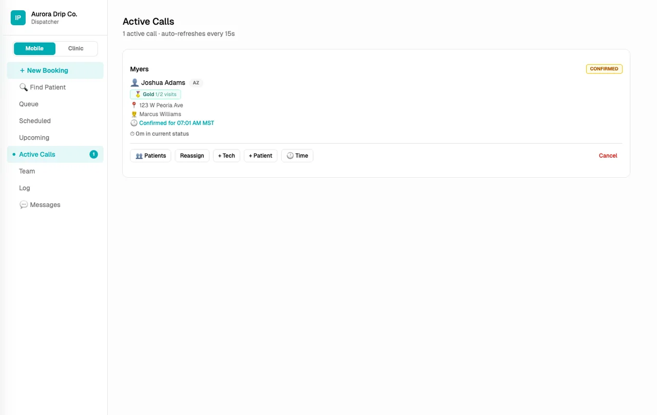 Active calls board showing assigned tech and live status